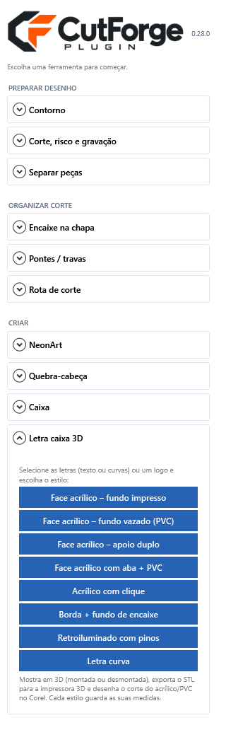 Painel do CutForge dentro do CorelDRAW